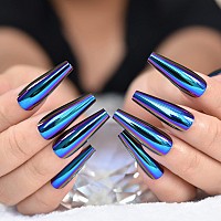 Elevenail Super Long Shiny Punk Style Dark Blue Coffin Press On False Nails Metallic Reflective Mirror Reusable Acrylic Nail Art