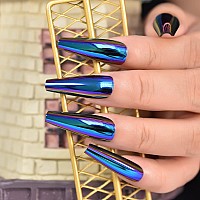 Elevenail Super Long Shiny Punk Style Dark Blue Coffin Press On False Nails Metallic Reflective Mirror Reusable Acrylic Nail Art