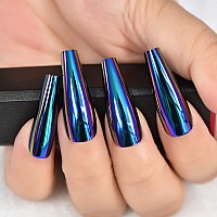 Elevenail Super Long Shiny Punk Style Dark Blue Coffin Press On False Nails Metallic Reflective Mirror Reusable Acrylic Nail Art