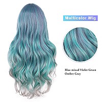 Fave Mermaid Wig Ombre Blue Wig Mixed Lilac Gray Long Wavy Middle Part Wig Colorful Wigs For Cosplay Party Heat Resistant Synthe