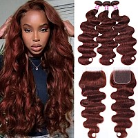 Nadula 12A Brown Reddish Body Wave Human Hair 3 Bundles With 4X4 Lace Closure Free Part Brazilian Remy Hair Copper Red Bundles W