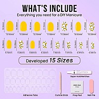 Btartbox Press On Nails Short Fall Fake Nails With Glue Yellow Reusable Glue On Nails In 15 Sizes Cute Stick On Nails Kit Ba