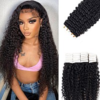 Deep Curly Human Hair Tape In Extensions 16Inch 50G 20Pc Skin Weft Double Sided Natural Black Tape In Hair Extensions For Women