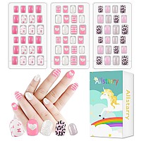 Allstarry 72Pcs 3 Pack Children Nails Press On Preglue Full Cover Glitter Heart Solid Color Short False Nail Kits Lovely Gift F