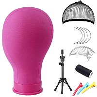 22 Inch Canvas Block Head Pink Wig Head With Wig Stand Tripod Mannequin Head Stand For Wigs Trimming Making Display22 Inch Pin