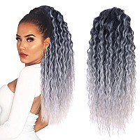 LACE PLUS Clip In Ponytail Extensions - For Black Women 18 Inch Drawstring Claw Kinky Curly Ponytail Hair Extension Curly Drawstring Ponytail Black Ombre Gray Clip In Natural Hair Curly Ponytail Extensions Synthetic