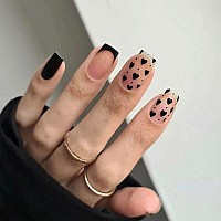 Qingge Pink Press On Nails Short Length Square Fake Nails With Black Heart Design Daily Glossy Acrylic Nails Stick On Nails Tips