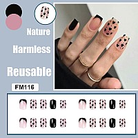 Qingge Pink Press On Nails Short Length Square Fake Nails With Black Heart Design Daily Glossy Acrylic Nails Stick On Nails Tips