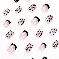 Qingge Pink Press On Nails Short Length Square Fake Nails With Black Heart Design Daily Glossy Acrylic Nails Stick On Nails Tips