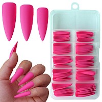 Loveourhome 100Pc Stiletto Press On Nails Long Fake Nails Matte Stiletto Nails Press Ons Nail Hot Pink Artificial Fingernails Lo