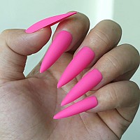 Loveourhome 100Pc Stiletto Press On Nails Long Fake Nails Matte Stiletto Nails Press Ons Nail Hot Pink Artificial Fingernails Lo