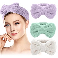 Mimitoou Spa Headband 3 Pack Bow Hair Bands Women Facial Makeup Headbands Soft Coral Fleece Elastic Head Wraps For Bathing Sho