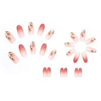 Rikview French Tip Press On Nails Medium Stick On Nails Pink Fake Nails Almond Nails For Women With Flowers Design