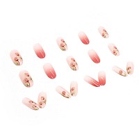 Rikview French Tip Press On Nails Medium Stick On Nails Pink Fake Nails Almond Nails For Women With Flowers Design