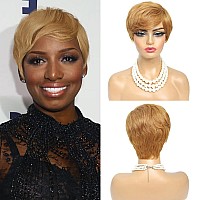 Yonova Blonde Pixie Cut Short Human Hair Wigs for Women Short Wig with Bangs Layered Side Bangs Pixie Haircuts Glueless Wig Natural Wave Full Machine Made Wig Fashion Hairstyle Color 27#