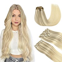 Clip in Human Hair Extensions, Balayage Ash Blonde to Golden Blonde and Platinum Blonde 9pcs 150g 22 Inch Long Straight Hair Extensions, MAXITA Soft Remy Real Human Clip in Hair Extensions