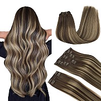 Maxita Hair Extensions Clip In Real Human Hair Balayage Chocolate Brown To Honey Blonde 9Pcs 20 Inch Hair Extensions 150G Thic