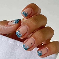 Foccna Glossy French Tip Press On False Nailstips Short Square Fake Fingers Nails Ocean Desig False Nails With Jelly Sticker 24