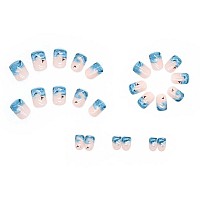 Foccna Glossy French Tip Press On False Nailstips Short Square Fake Fingers Nails Ocean Desig False Nails With Jelly Sticker 24