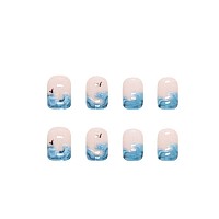 Foccna Glossy French Tip Press On False Nailstips Short Square Fake Fingers Nails Ocean Desig False Nails With Jelly Sticker 24