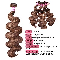 UNICE Body Wave Honey Blonde Highlight Human Hair Weave 3 Bundles Ombre 100% Brazilian Human Hair Weaves for Sew in Extensions TL412 Color 8 10 12 inch