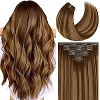 Caliee Brown Clip In Hair Extensions Real Human Hair Invisible Pu Weft Clip In Hair Extensions R4427 Highlighted Chocolate Bro