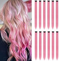 12PCS Colored Pink Hair Extensions Party Highlights Colorful Clip in Hair Extensions 22 Inch Straight Synthetic Hairpieces for Women Kids Girls Halloween Christmas Cosplay(Pink)