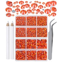 Lpbeads 6000 Pieces Orange Non Hotfix Rhinestones 6 Sizes Round Crystal Glass Flat Back Rhinestones With Tweezers And Picking Pe