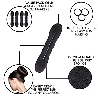 Styla Hair Black Magic Hair Bun Maker 4 Pack Large Foam Sponge Shaper Accessories Strong Flexible Reusable Twister For Updos