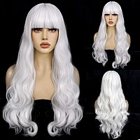 Anogol Hair Cap White Long Wavy Cosplay Wig Synthetic Wig For Girls White Wavy Cosplay Wig Cosplay Costume For Halloween Party