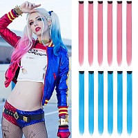 12PCS Colored Pink and Lake Blue Hair Extensions 22 Inch Colorful Clip in Hair Extensions Straight Synthetic Hairpiece for Women Kids Girls Halloween Christmas Cosplay(12Pcs-Pink and Lake Blue)