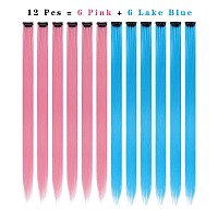 12PCS Colored Pink and Lake Blue Hair Extensions 22 Inch Colorful Clip in Hair Extensions Straight Synthetic Hairpiece for Women Kids Girls Halloween Christmas Cosplay(12Pcs-Pink and Lake Blue)