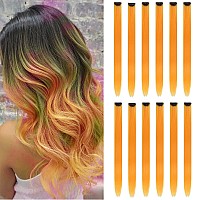 12PCS Colored Pumpkin Yellow Hair Extensions Party Highlights Colorful Clip in Hair Extensions 22 Inch Straight Synthetic Hairpieces for Women Kids Girls Halloween Christmas Cosplay(Pumpkin Yellow)