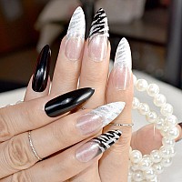 Elevenail Super Long Stiletto Glitter French False Nails White Black Zebra Press On Nails Reusable Fake Acrylic Nail Art Tips Gi