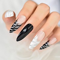 Elevenail Super Long Stiletto Glitter French False Nails White Black Zebra Press On Nails Reusable Fake Acrylic Nail Art Tips Gi