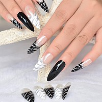 Elevenail Super Long Stiletto Glitter French False Nails White Black Zebra Press On Nails Reusable Fake Acrylic Nail Art Tips Gi