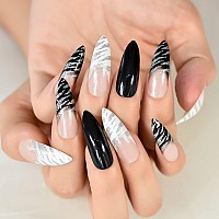 Elevenail Super Long Stiletto Glitter French False Nails White Black Zebra Press On Nails Reusable Fake Acrylic Nail Art Tips Gi