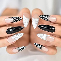 Elevenail Super Long Stiletto Glitter French False Nails White Black Zebra Press On Nails Reusable Fake Acrylic Nail Art Tips Gi