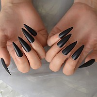 Elevenail Halloween Long Stiletto False Nails Solid Black Matte Press On Nail Reusable Wearable Fake Acrylic Nail Art Tips Salon