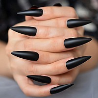 Elevenail Halloween Long Stiletto False Nails Solid Black Matte Press On Nail Reusable Wearable Fake Acrylic Nail Art Tips Salon