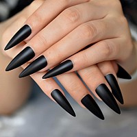 Elevenail Halloween Long Stiletto False Nails Solid Black Matte Press On Nail Reusable Wearable Fake Acrylic Nail Art Tips Salon