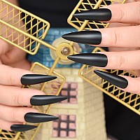 Elevenail Halloween Long Stiletto False Nails Solid Black Matte Press On Nail Reusable Wearable Fake Acrylic Nail Art Tips Salon