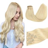 Doores Hair Extensions Real Human Hair Bleach Blonde 14 Inch 7Pcs 110G Clip In Hair Extensions Seamless Clip Ins Remy Straight