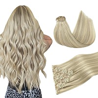 Doores Clip In Hair Extensions Real Human Hair Ash Blonde Highlighted Platinum Blonde 130G 7Pcs 18 Inch Clip In Virgin Hair Ext