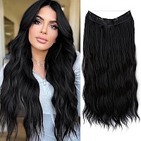 SARLA Black Invisible Wire Hair Extension Long Synthetic Clip in Wave Curly Hairpiece for Women 24 Inch Adjustable Size Transparent Headband (Jet Black)