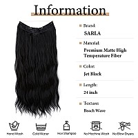 SARLA Black Invisible Wire Hair Extension Long Synthetic Clip in Wave Curly Hairpiece for Women 24 Inch Adjustable Size Transparent Headband (Jet Black)