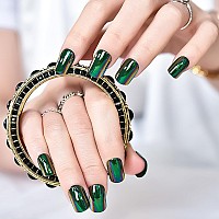 Elevenail Daily Short Squoval False Nails Magic Green Chrome Reflection Mirror Press On Nails Reusable Wearable Party Fake Acryl