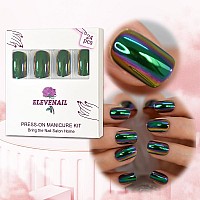 Elevenail Daily Short Squoval False Nails Magic Green Chrome Reflection Mirror Press On Nails Reusable Wearable Party Fake Acryl