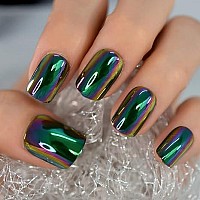 Elevenail Daily Short Squoval False Nails Magic Green Chrome Reflection Mirror Press On Nails Reusable Wearable Party Fake Acryl