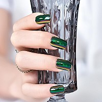 Elevenail Daily Short Squoval False Nails Magic Green Chrome Reflection Mirror Press On Nails Reusable Wearable Party Fake Acryl